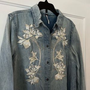 Free People Embroidered Denim Button-Up